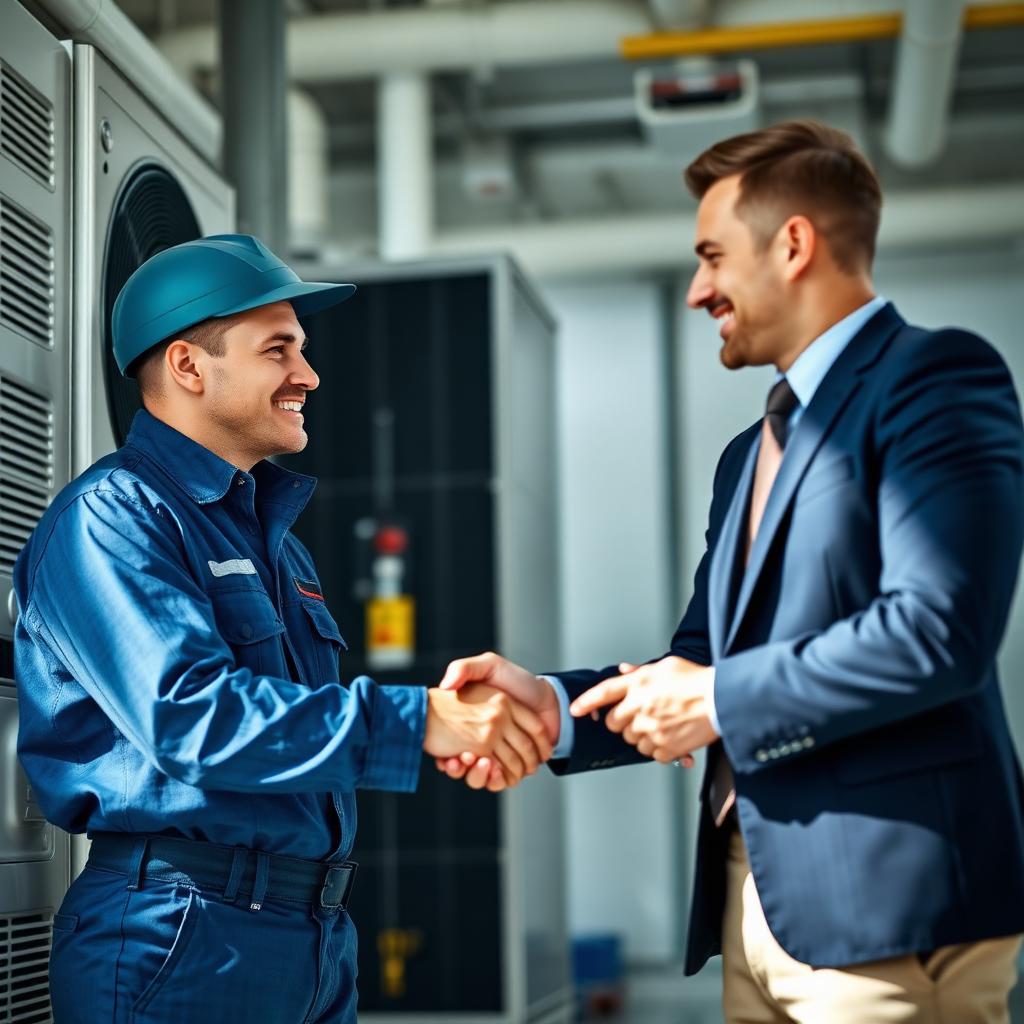 A field technician and a digital marketer shaking hands